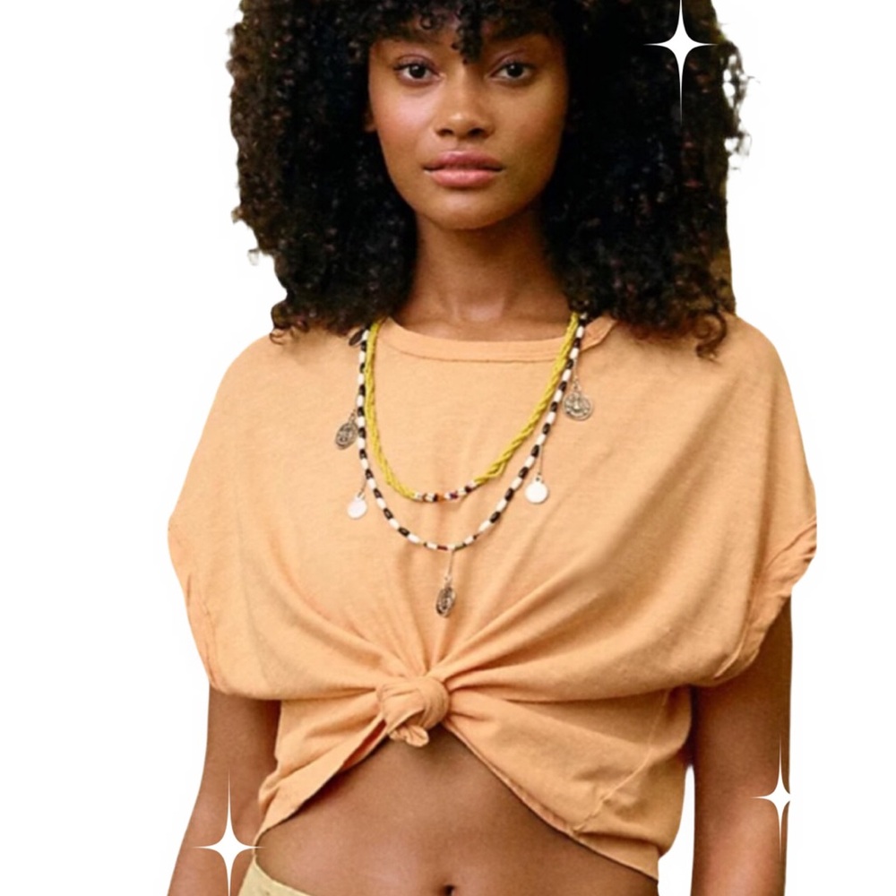 FREE PEOPLE  PEACH COTTON SCOOP NECK TWIST FRONT BOXY ROLLED SLEEVE TEE SOLD OUT